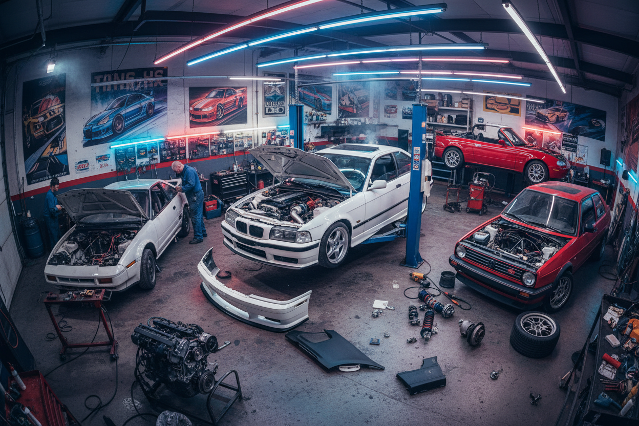 Bmw E36 in garage with other cults cars like mr2, golf, miata, disassembled in style JDM 