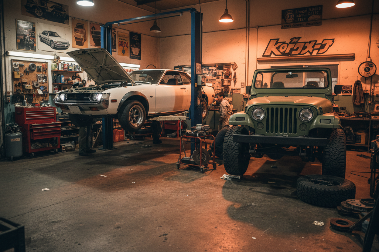 Toyota Celica, jeep wrangler old cults JDM style garage cars under works